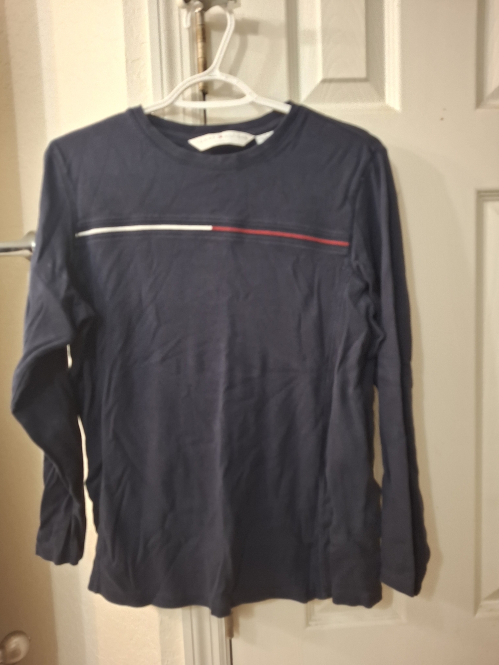Tommy Hilfiger Navy Long Sleeve Tee with Red & White Chest Stripe
